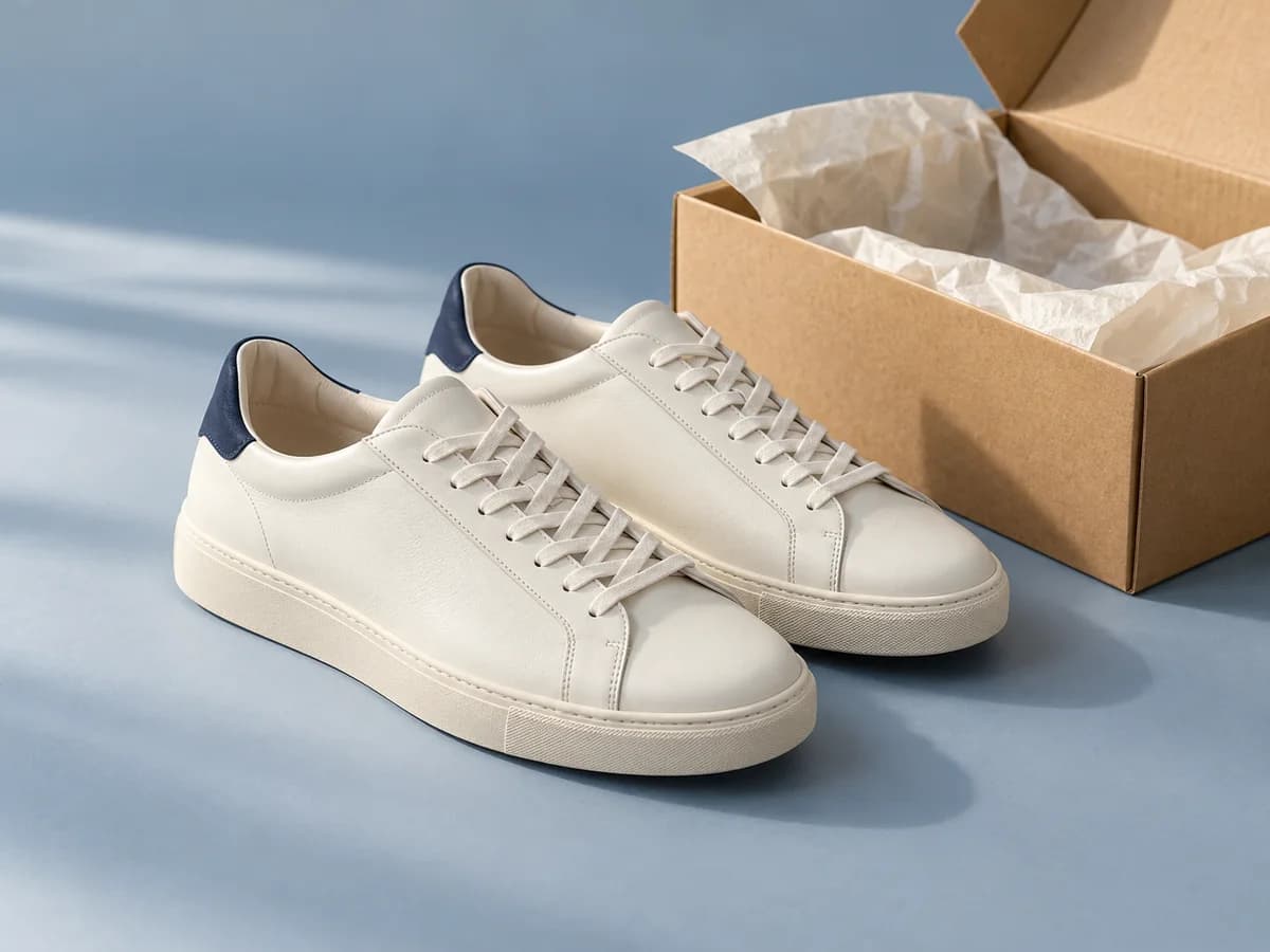 Ivory sneakers beside an open shipping box, illustrating photo-assisted shipping
